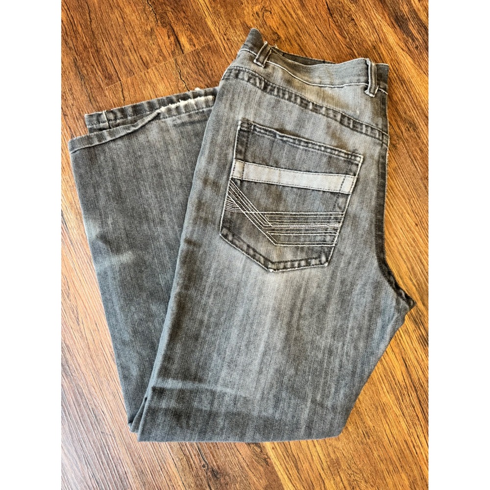 Mecca Mens Y2K Grey Distressed Straight Leg Jeans Faded Streetwear 33x29